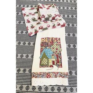 Vintage Dish Towel & 2 Handmade Rags Cloths Cottagecore Eyelet Quilted Patchwork